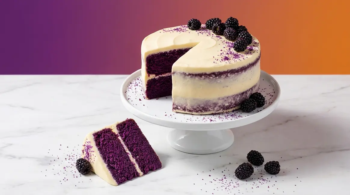 Purple velvet cake recipe showing vibrant jewel-toned layers with cream cheese frosting on white stand