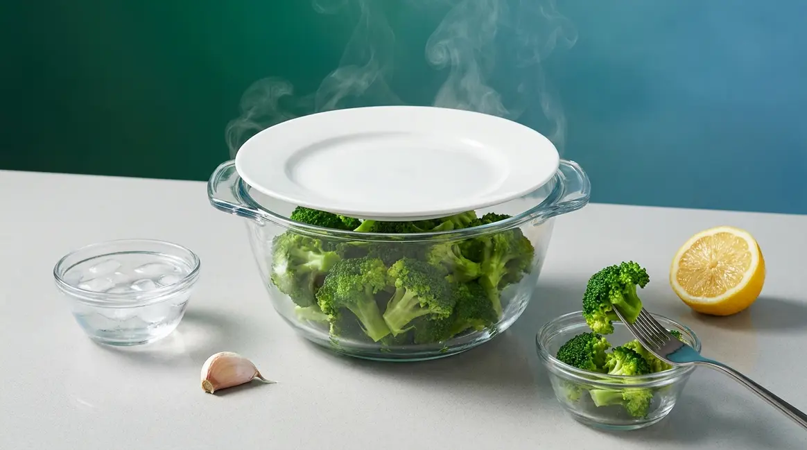 Quick way to cook broccoli in a covered microwave-safe bowl with steam rising