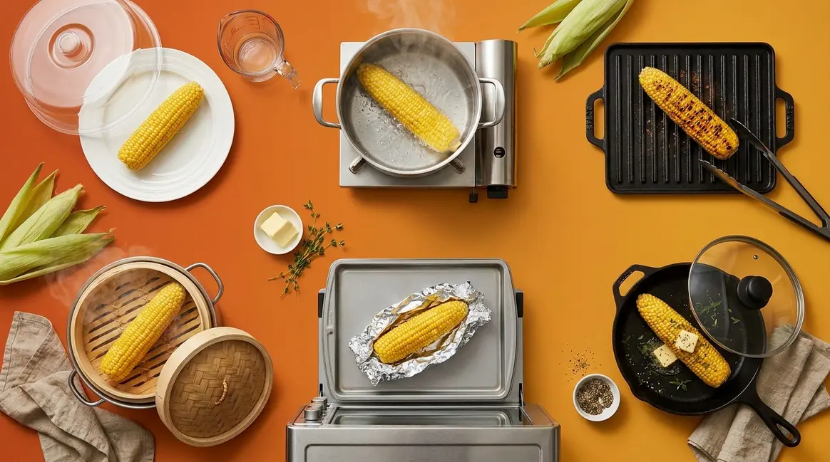 Quick way to cook corn on the cob showing six methods including microwave, boiling, and grilling