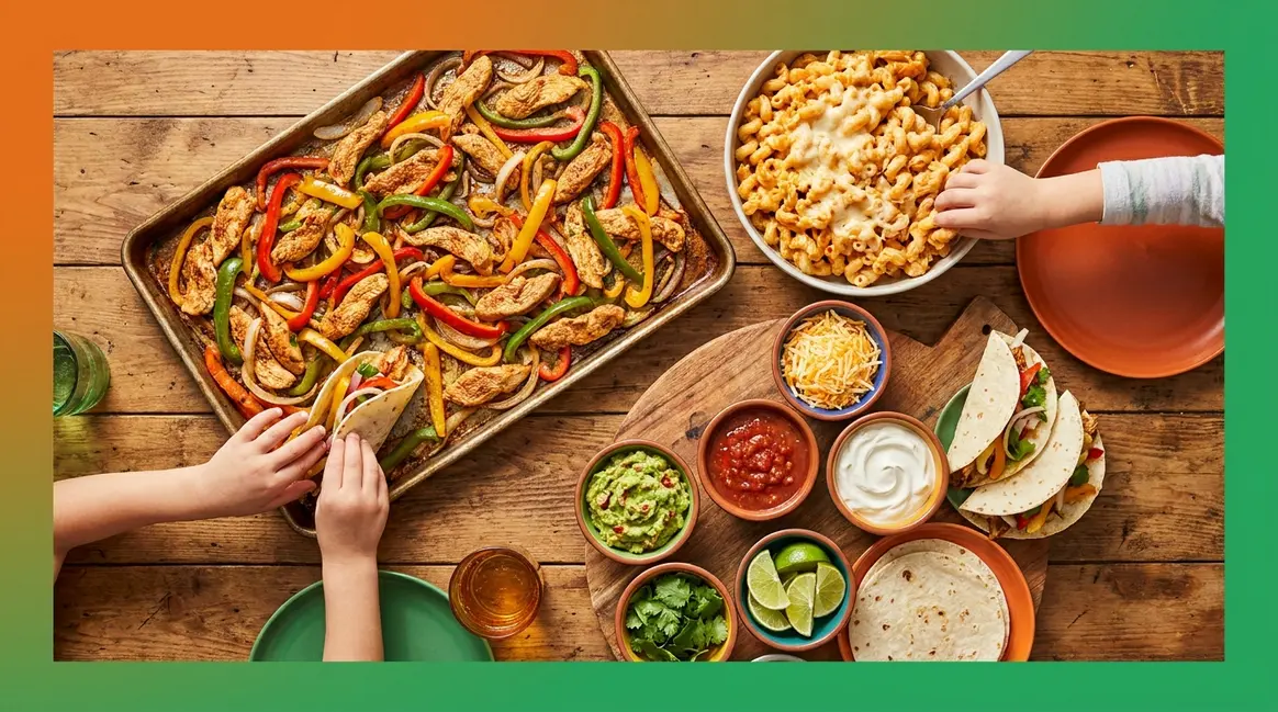 Quick dinner ideas for kids including sheet pan fajitas, cheesy pasta, and DIY taco bar on family table
