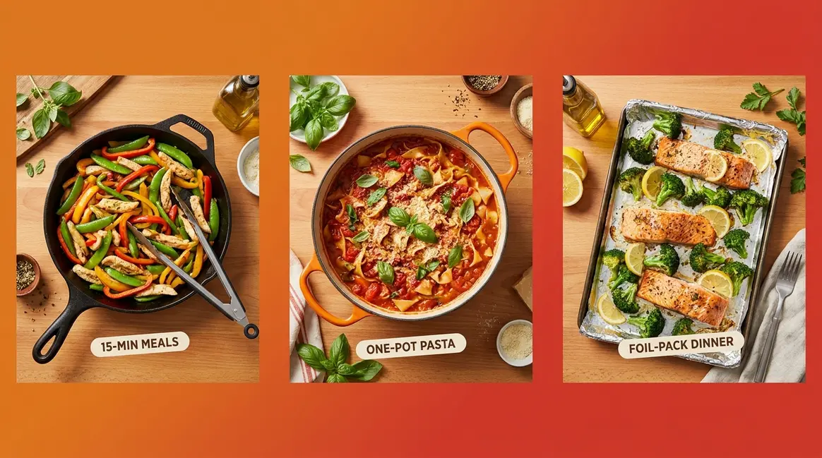 Quick dinner recipes in three tiers: skillet, one-pot, and sheet-pan meals ready in 30 minutes