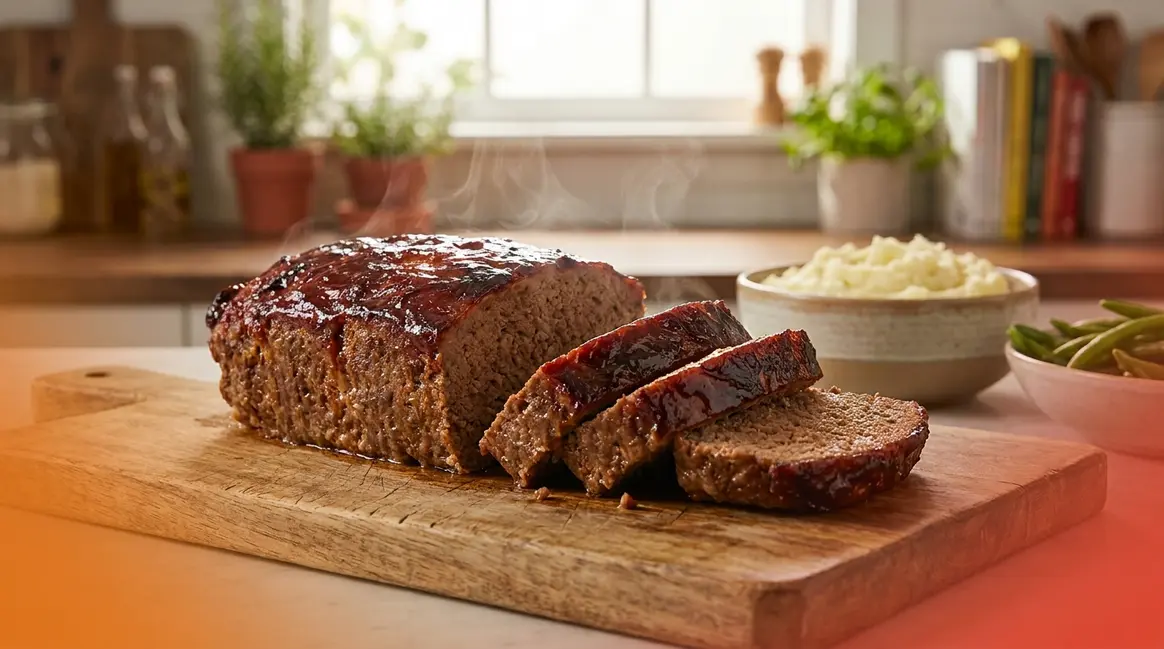 Quick easy meatloaf recipe sliced on cutting board showing juicy moist interior with caramelized ketchup glaze