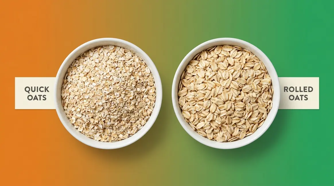 Quick oats vs rolled oats side-by-side comparison showing flake size and texture difference