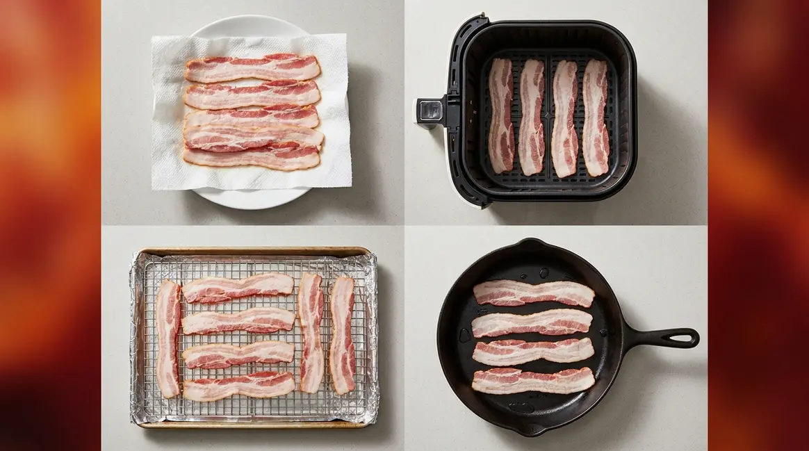Quick way to cook bacon showing four methods: microwave, air fryer, oven, and stovetop