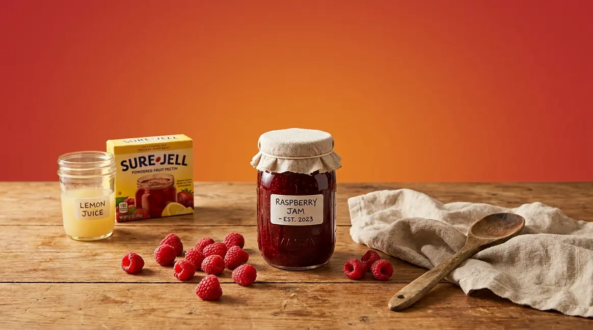 Raspberry jam recipe with pectin in sealed mason jar surrounded by fresh raspberries and ingredients