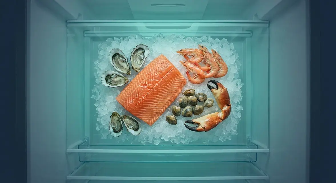 How long does seafood last in the fridge — assorted raw and cooked seafood on ice