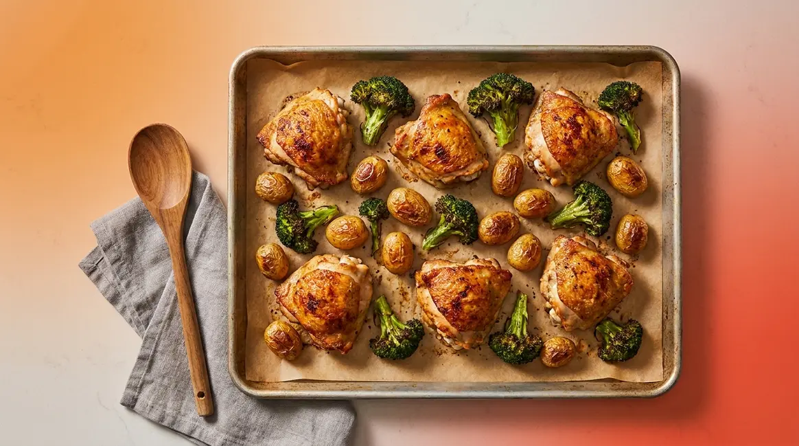 Sheet pan meals for beginners showing roasted chicken, potatoes, and broccoli on one pan