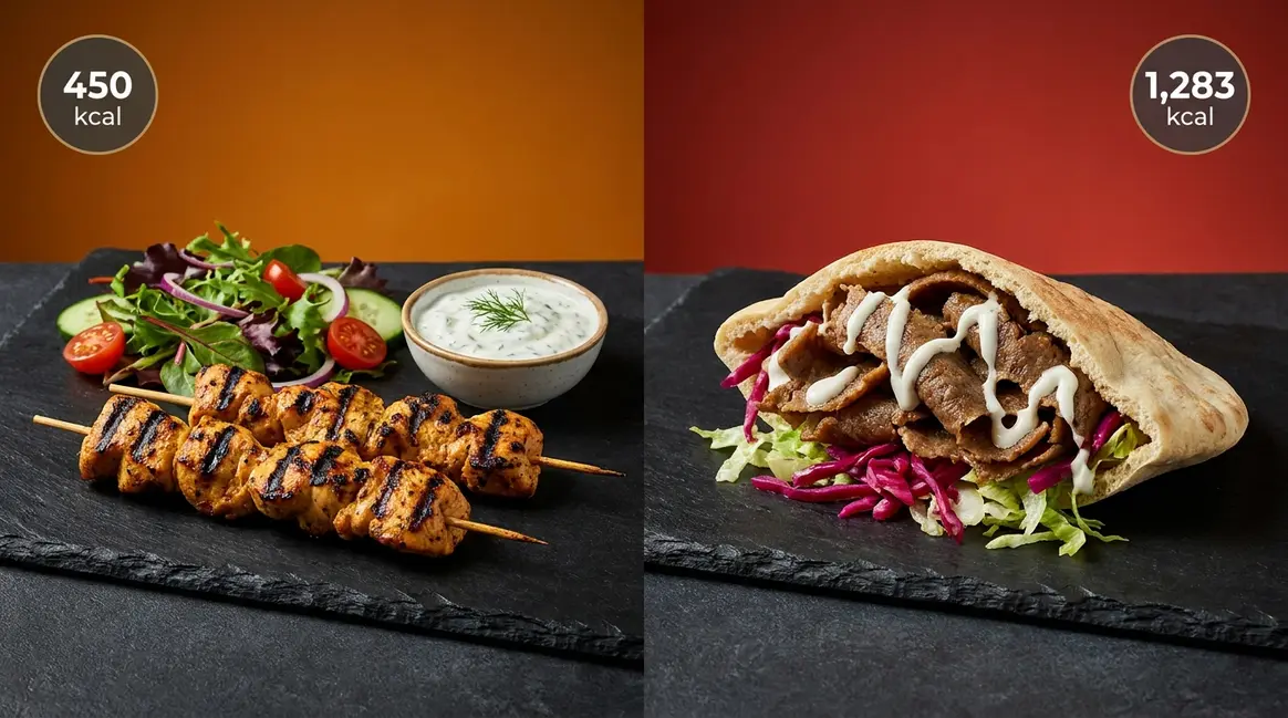 Shish kebab vs doner kebab calories comparison showing grilled chicken shish and lamb doner side by side