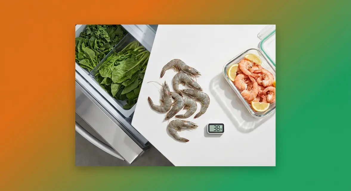 How long does shrimp last in the fridge — raw shrimp beside refrigerator with thermometer