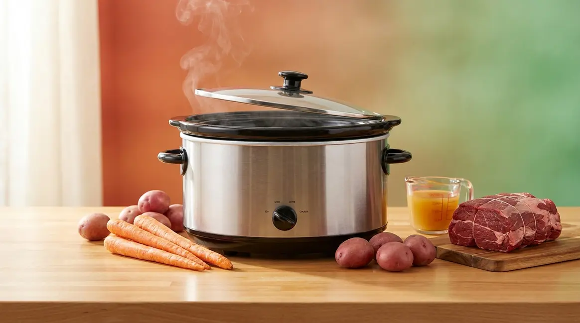 Slow cooker guide for beginners showing a crockpot with fresh vegetables and broth on a kitchen counter