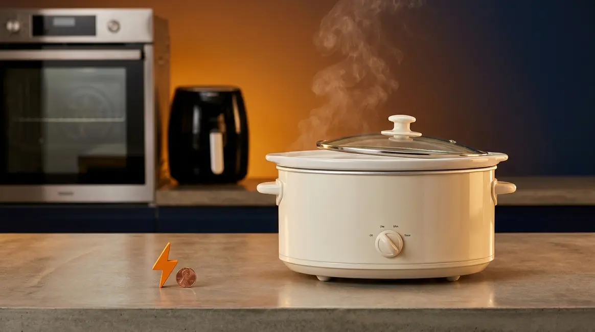 Are slow cookers energy efficient — ceramic slow cooker on kitchen counter compared to oven