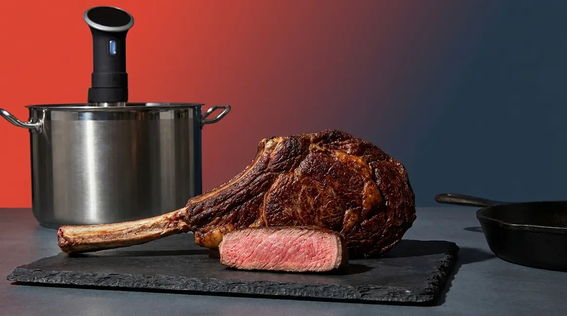 How long to sous vide tomahawk steak guide showing perfectly cooked medium-rare result with deep sear crust