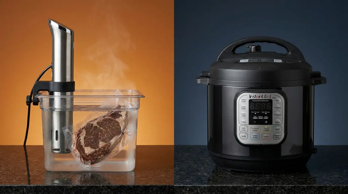 Sous vide immersion circulator and Instant Pot side by side on kitchen countertop comparison