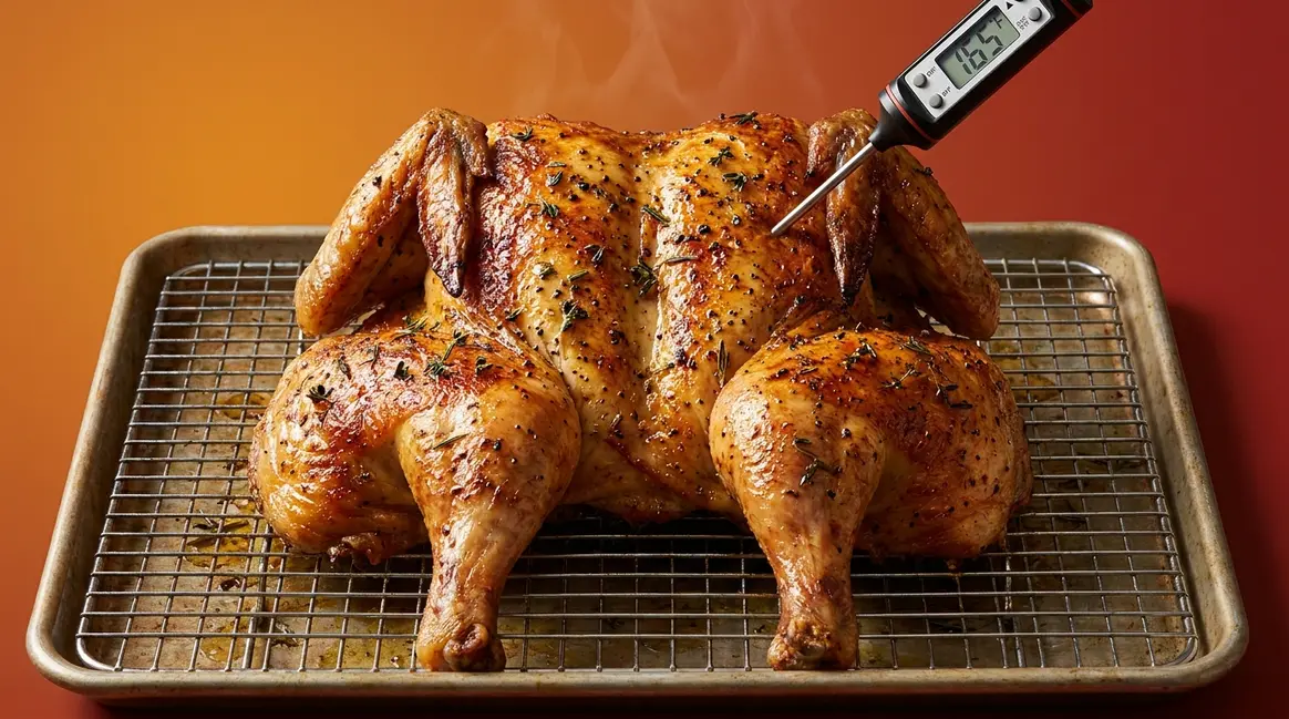 How long to cook spatchcock chicken — golden roasted flat chicken with thermometer at 165°F