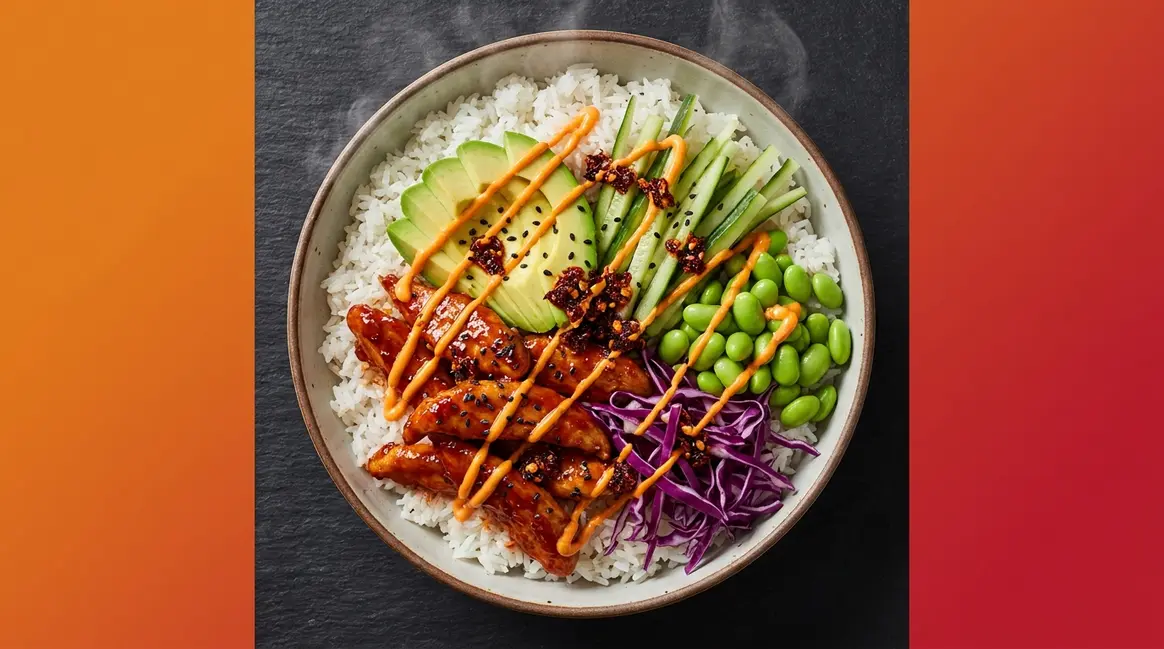 Spicy rice bowl recipe with gochujang chicken, spicy mayo drizzle, avocado, and edamame