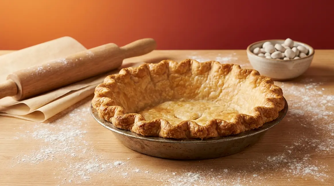 Golden pie crust in metal pan with rolling pin and pie weights showing how to stop pie crust from shrinking