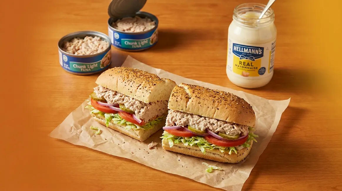 Subway tuna sandwich copycat recipe sliced open showing creamy tuna salad filling on herb bread