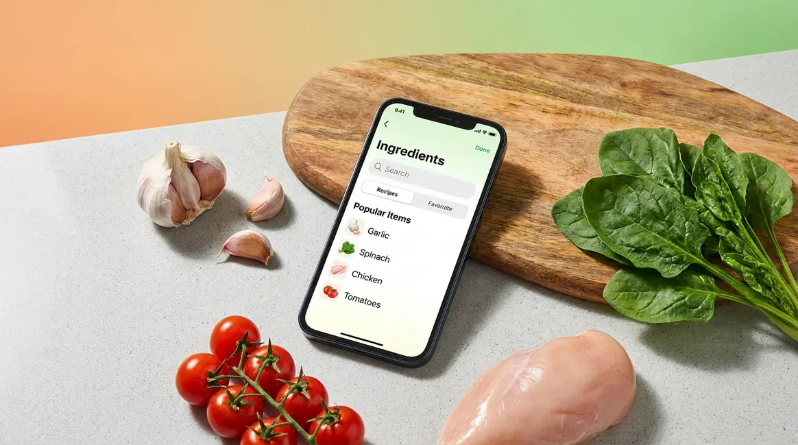 Supercook app review showing ingredient search screen on smartphone in a home kitchen setting