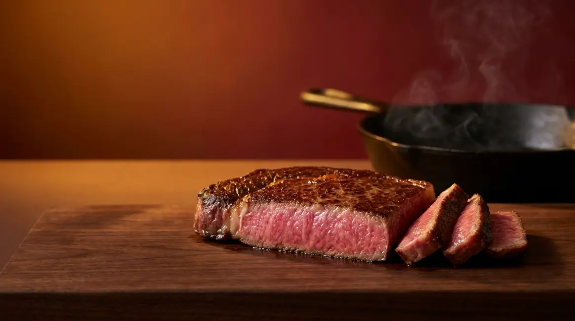 How to cook wagyu steak at home showing sliced medium-rare A5 steak with perfect crust
